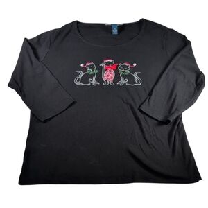 Karen Scott Christmas Embellished Cats 3/4 Sleeve Shirt